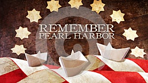 Remember Pearl Harbor. Usa Flag Waves on Wood and Boat