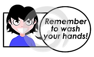 Remember to wash your hands, girl, english, isolated.