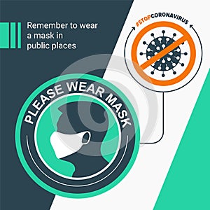 Remember to wear a mask in public places. Round green sticker protection from virus. For poster, banner, social media.