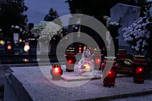 Rememberance candle lanterns in the cemetery on all saints day