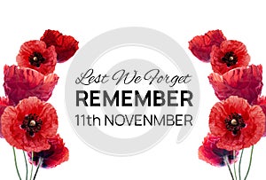 Remembrance day banner with poppy flowers against white background