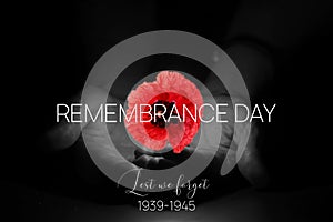 Remembrance Day Banner Template. Red Poppy over Burning Candle in the Human Hands.