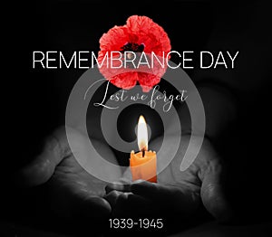 Remembrance Day Banner Template. Red Poppy over Burning Candle in the Human Hands.