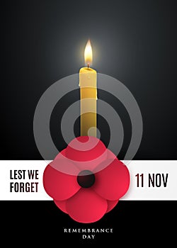 Remembrance day concept poster with a poppy flower and light candle.