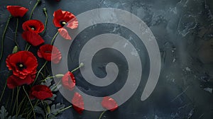 Remembrance Day dark background with red poppies and empty copy space for text. Veterans Day. Anzac day. Banner template