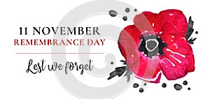 Remembrance day design concept. Poppy flower and title. Hand drawn watercolor sketch illustration