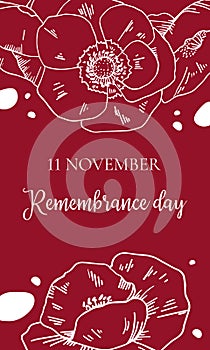 Remembrance day design template with poppy flowers and title. Hand drawn vector sketch illustration