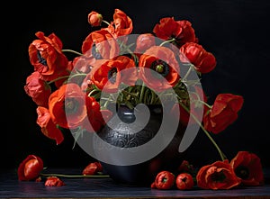 Remembrance Day greeting card. Beautiful red poppies flowers on black background. Lest we forget. Created with