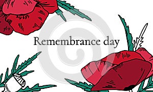 Remembrance day landscape design template with color poppy flowers. Hand drawn vector illustration