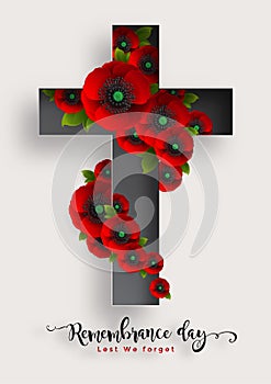 Remembrance day lest we forget. realistic red poppy flower international symbol of peace with paper cut art and craft style on col