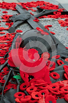 Remembrance Day red poppy flowers on Tomb of the Unknown Soldier in Ottawa, Canada.