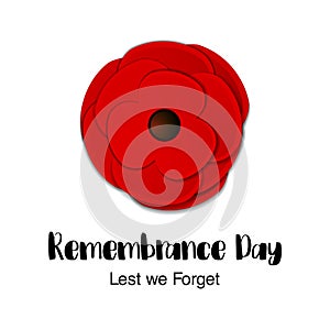 Remembrance Day vector card. Anzac Day. Paper cut Red Poppy flow