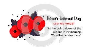 Remembrance Day vector poster. Lest We forget. Paper cut Red Poppy flower