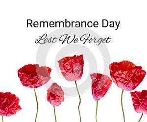 Remembrance poppy and lest we forget the concept banner. Anzac day also known as Armistice day