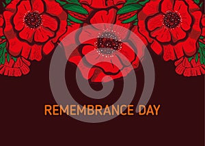 Remembrance poppy and lest we forget concept banner. Vector illustration with hand-drawn red poppy to Anzac day and May 8th