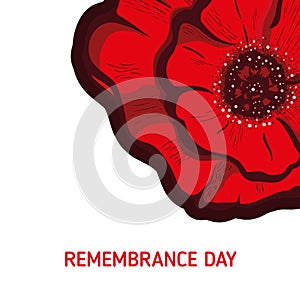 Remembrance poppy and lest we forget concept banner. Vector illustration with hand-drawn red poppy to Anzac day and May 8th