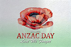 The remembrance poppy. Watercolor poppy flower on green background with text. Flower for Anzac Day.