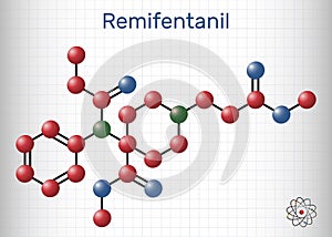 Remifentanil molecule. It is opioid analgesic used in anesthesia. Molecule model. Sheet of paper in a cage