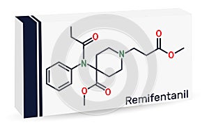 Remifentanil molecule. It is opioid analgesic used in anesthesia. Skeletal chemical formula. Paper packaging for drugs