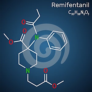 Remifentanil molecule. It is opioid analgesic used in anesthesia. Structural chemical formula on the dark blue background