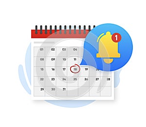 Reminder in calendar. Calendar with clock and notification bell. alert for business planning ,events, reminder. Vector