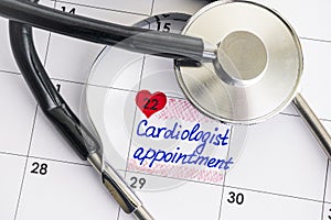 Reminder Cardiologist Appointment in calendar with stethoscope