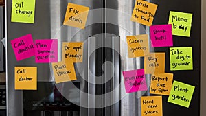 Reminder Notes Popping Up on Refrigerator Door With Schedule Time to Relax Finally Appearing