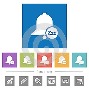 Reminder snooze flat white icons in square backgrounds