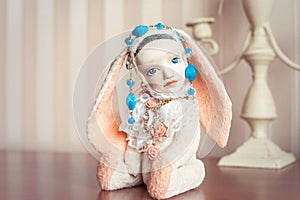 Reminiscences of childhood. Old vintage handmade art plush doll photo