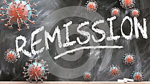 Remission and covid virus - pandemic turmoil and Remission pictured as corona viruses attacking a school blackboard with a written