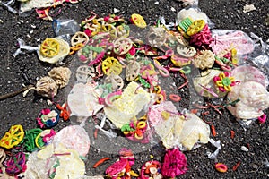 Remnants of donations after Hindu funeral, Nusa Penida, Indonesia