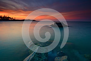 The remnants of old military fortress from world wor II at Kuala Dasar Sabak Beach in Kelantan Malaysia during sunset.