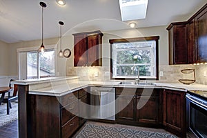 Remodeled kitchen with skylights.