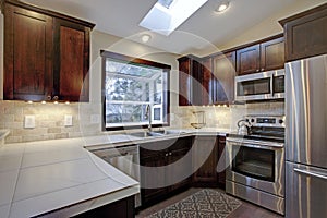 Remodeled kitchen with skylights.