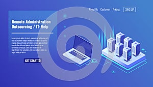 Remote administration service, outsourcing concept, it help, server room rack, database query isometric vector