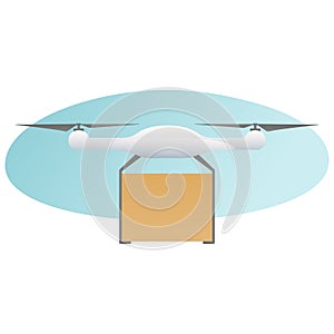 Remote air drone with a box flying in the sky. Modern delivery of the package by flying drone. Flat illustration of the