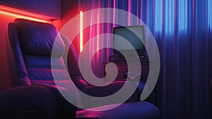 remote on armrest, quiet room, TV light glow.