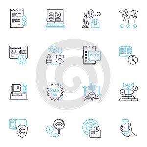 Remote banking linear icons set. Online, Mobile, Digital, E-banking, Automated, Virtual, Paperless line vector and