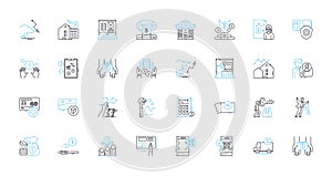 Remote banking linear icons set. Online, Mobile, Digital, E-banking, Automated, Virtual, Paperless line vector and