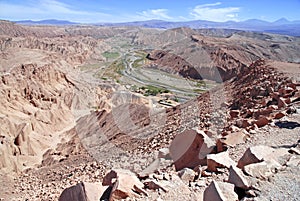 Remote, Barren volcanic landscape of Valle de la Luna, in the Atacama Desert, Chile