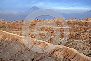 Remote, Barren volcanic landscape of Valle de la Luna, in the Atacama Desert, Chile