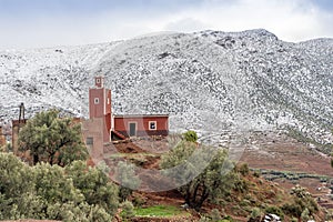 Remote Berber village after snow fall in Atlas mountains, Morocco