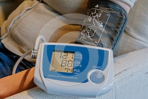 Remote blood pressure monitoring. The patient can check the blood pressure and send the results to the hospital