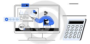 Remote Business Presentation with Speaker Explaining Data on Video Call Screen