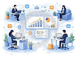 Remote business team collaborating with data visualization