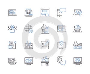 Remote business work outline icons collection. Remote, Business, Work, Telecommute, Digital, Flexible, Online vector and