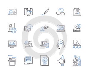 Remote business work outline icons collection. Remote, Business, Work, Telecommute, Digital, Flexible, Online vector and