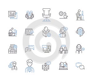 Remote business work outline icons collection. Remote, Business, Work, Telecommute, Digital, Flexible, Online vector and