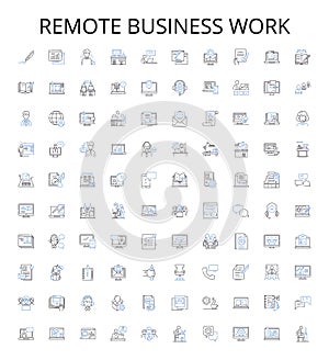 Remote business work outline icons collection. Remote, Business, Work, Telecommute, Digital, Flexible, Online vector