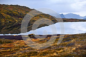 Cabin on  fjord in Vestvagoy, Lofoten Islands, Norway photo